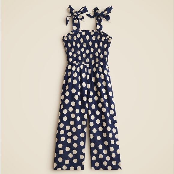 J.Crew Crewcuts Smocked Jumpsuit Girls 10 Navy White Polk Linen Blend One Piece - Picture 2 of 10